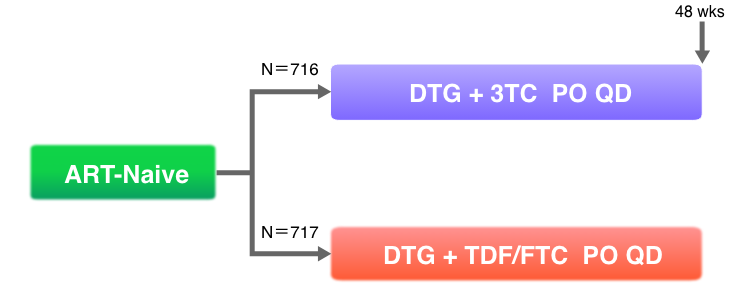 N＝716:DTG + 3TC PO QD, N＝717:DTG + TDF/FTC PO QD. 48wks