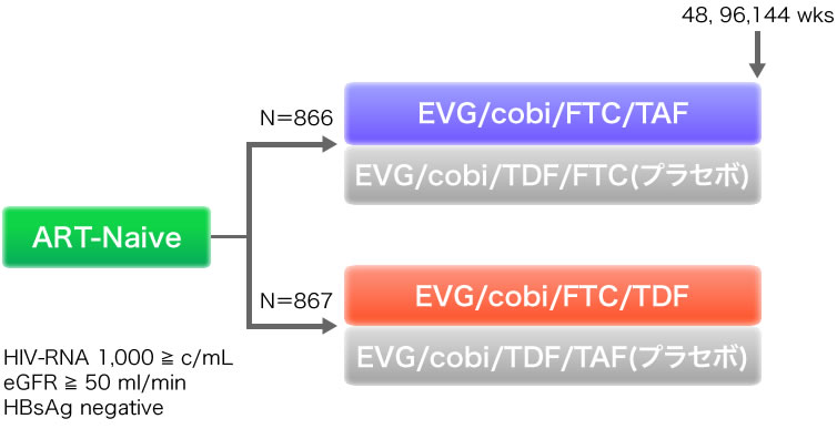 ART-Naive:HIV-RNA 1,000 ≧ c/mL, eGFR ≧ 50 ml/min, HBsAg negative. N＝866:EVG/cobi/FTC/TAF
, EVG/cobi/TDF/FTC(プラセボ). N＝867:EVG/cobi/FTC/TDF, EVG/cobi/TDF/TAF(プラセボ). 48, 96,144 wks