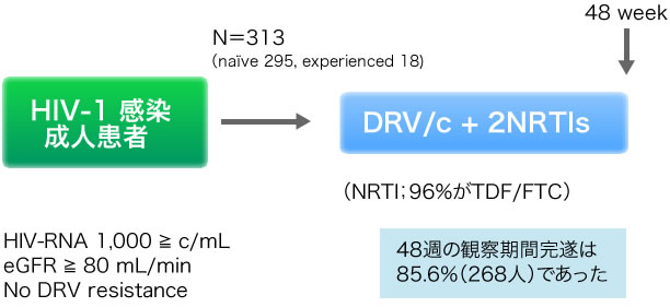 HIV-1 感染 成人患者:HIV-RNA 1,000 ≧ c/mL, eGFR ≧ 80 mL/min, No DRV resistance. No DRV resistance. N-313（naïve 295, experienced 18). DRV/c + 2NRTIs（NRTI；96%がTDF/FTC）. 48週の観察期間完遂は85.6％（268人）であった
